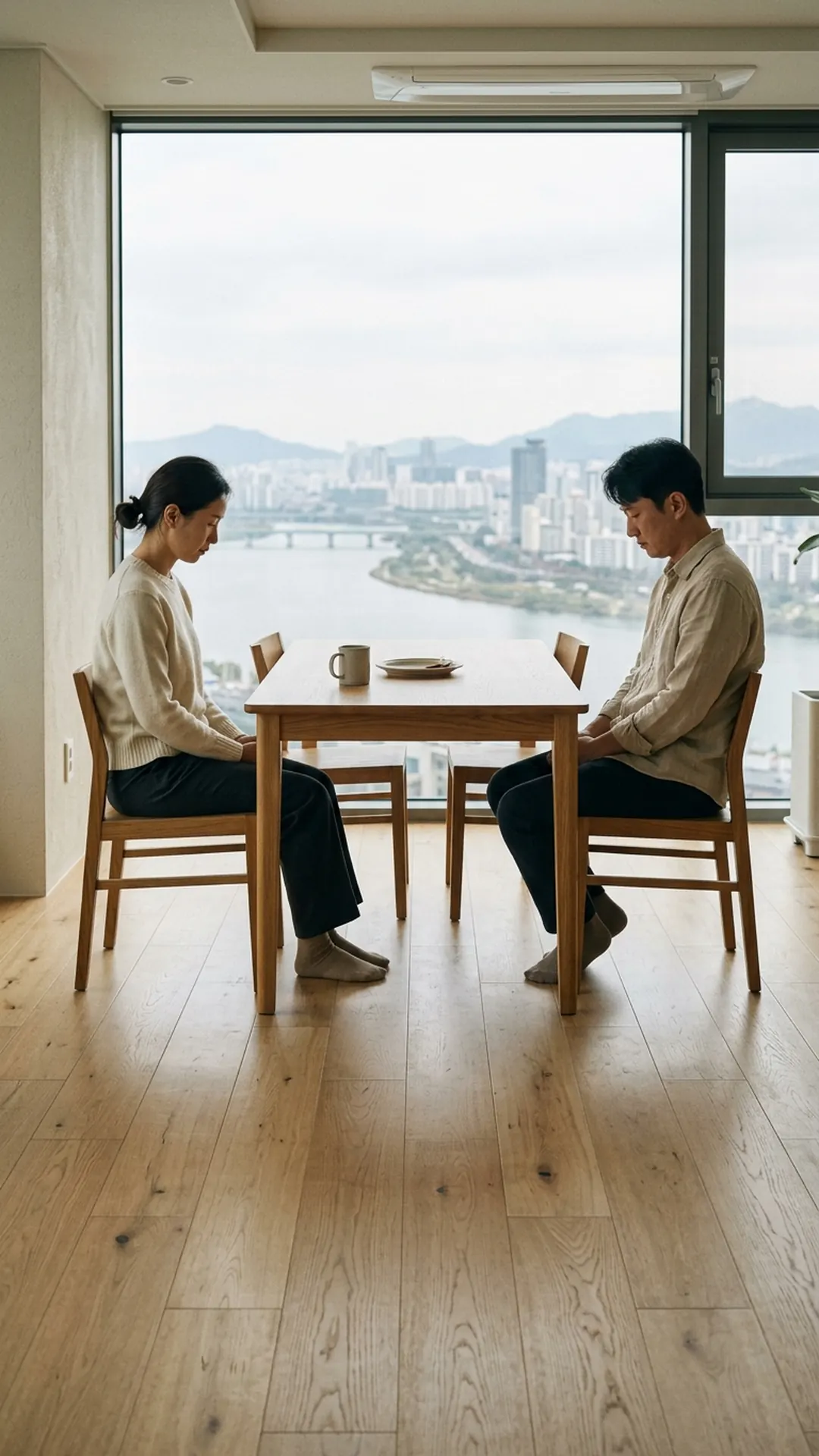 거실 식탁에 마주 앉아 이야기를 나누는 부부 — 연출 이미지