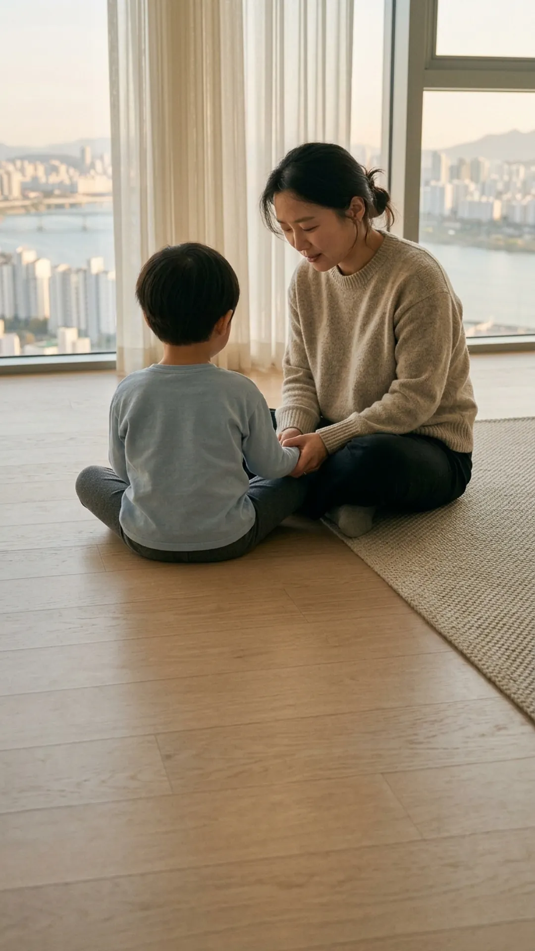 거실 바닥에서 아이와 마주 앉아 대화하는 부모 — 연출 이미지