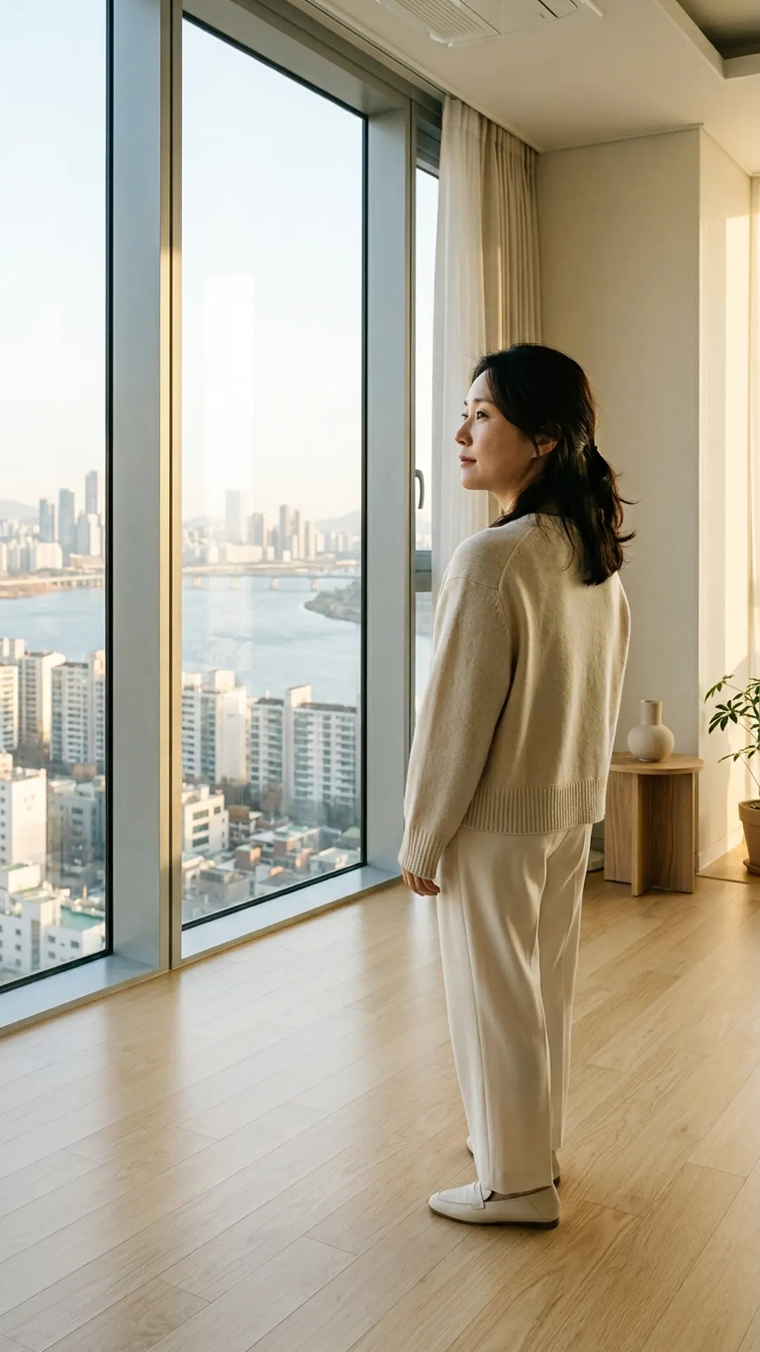 창가에 서서 생각에 잠긴 여성 — 연출 이미지